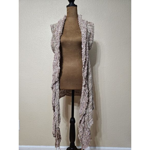 Women’s Handmade Knitted Duster Vest Wrap Fringe Hem Neutral S-M - Picture 1 of 2